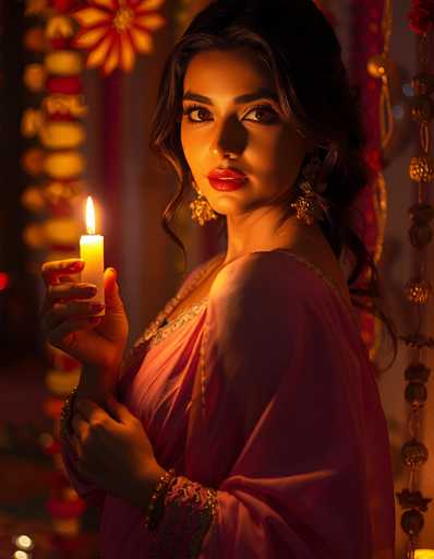 The image features a young woman, possibly of Indian or Middle Eastern descent, with long dark hair and striking red lipstick. She is adorned in a pink dress with intricate gold embroidery around the neckline and sleeves, which are long and flowing. Her attire is complemented by large, ornate gold earrings and a bracelet on her right wrist. The woman is holding a lit white candle in her right hand, which she cradles close to her chest, while her left hand gently touches her right arm. She gazes directly at the camera with a serious expression, her head slightly turned to the left. The background is blurred but appears to be decorated with gold and red elements, possibly flowers or beads, adding to the overall warm and intimate ambiance of the photograph.