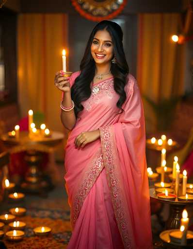 In this vibrant photograph, a young woman of Indian descent stands gracefully in the center, adorned in a stunning pink sari embellished with intricate gold and white embroidery. Her long, wavy black hair cascades down to her chest, framing her radiant smile as she gazes directly at the camera. She wears a delicate necklace with a small pendant and a ring on her left hand, which rests gently on her hip. Her right hand holds a lit candle in a golden holder, casting a warm glow. The background is softly blurred, revealing a room filled with numerous lit candles of varying heights, creating a serene and festive atmosphere. The candles are arranged on tables and scattered on the floor, with some curtains faintly visible in the distance. The overall scene exudes a sense of celebration and cultural richness.