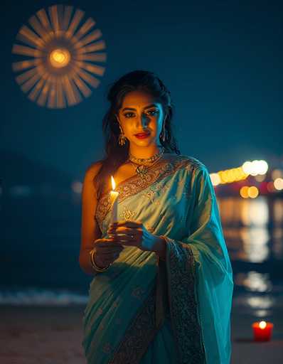 In this captivating photograph, a young woman of Indian descent stands gracefully on a beach at night, adorned in a stunning blue sari embellished with intricate gold embroidery. Her long, dark hair cascades down her back, complementing her elegant appearance. She wears a choker necklace and a larger necklace with a pendant, along with dangling earrings that catch the light. Her hands, adorned with bracelets and a ring, delicately hold a lit white candle, casting a warm glow on her face. The candle's flame flickers gently, adding to the serene ambiance. Behind her, the beach stretches out, with the ocean's waves softly lapping at the shore. In the distance, a cityscape glows with blurred lights, and a red candle in a holder adds a touch of warmth to the scene. The night sky above is a deep blue, and a bright light in the upper left corner, possibly the moon or a streetlight, illuminates the area, creating a magical atmosphere.