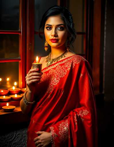 The image depicts a young woman, possibly of Indian or Middle Eastern descent, standing in a dimly lit room. She is adorned in a vibrant red sari with intricate gold embroidery, which drapes elegantly over her right shoulder and extends down to her left arm. Her attire is complemented by a large, ornate gold necklace featuring a prominent green gem, and she wears long, dangling earrings with red beads and gold accents. Her nails are painted a striking red, and she has a red bindi on her forehead. The woman's dark hair is styled in a half-up, half-down fashion, with some strands cascading over her left shoulder. She is holding a lit candle in her right hand, which is positioned near her chest, and her left hand rests on her stomach. Behind her, a wooden window frame with a grid pattern is visible, and a shelf adorned with several lit candles can be seen to her left. The overall ambiance of the image is warm and intimate, with the candlelight casting a soft glow on her face and attire.
