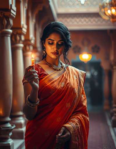 The image depicts a young woman, possibly of Indian descent, standing in an ornate, ancient building that resembles a temple or palace. She is adorned in a vibrant red and orange sari with intricate gold floral patterns, complemented by a large, ornate gold necklace and multiple bracelets on her right wrist. Her black hair is styled in a bun, and she wears a bindi on her forehead. The woman is holding a lit candle in her right hand, which is raised to shoulder level, while her left hand rests by her side. She gazes downward, her eyes closed, giving the impression of deep contemplation or prayer. The background features tall, ornate columns and a red carpeted floor, with a chandelier hanging from the ceiling, adding to the grandeur of the setting.