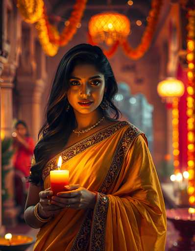 A woman is standing in front of a building with orange and yellow garlands hanging from the ceiling. She is wearing an orange saree and holding a lit candle.