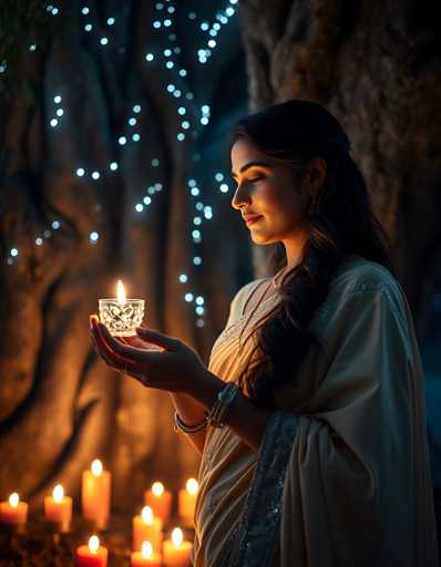A woman is standing in front of a tree with lit candles on the ground next to her. She is wearing a white dress and has long dark hair. The background features a dark forest setting with trees and branches illuminated by the warm glow of the candles.