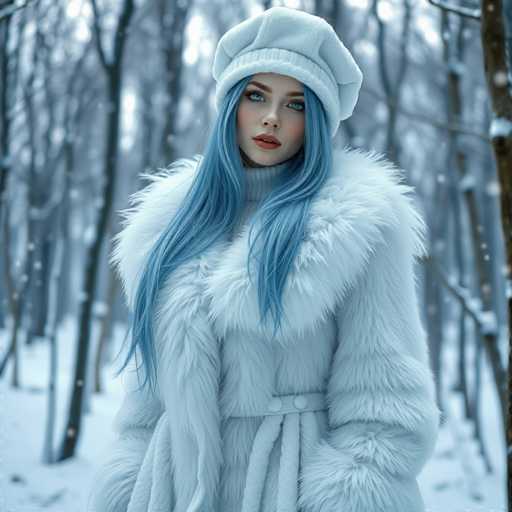 A captivating winter scene features a young woman standing in a snow-covered forest. She is dressed in a striking white fur coat with a prominent fur collar that frames her face. Her long, flowing blue hair cascades down to her waist, contrasting beautifully with her fair complexion. She wears a white fur hat that complements her coat, and her blue eyes are accentuated by her red lips. Her outfit is cinched at the waist with a white belt adorned with two large buttons. The background is a serene winter wonderland, with bare trees dusted in snow and a blanket of snow covering the ground. The woman stands with her hands in her pockets, exuding a sense of calm and poise. Her blue eyes gaze directly at the camera, creating a powerful connection with the viewer. The image is square-shaped, focusing entirely on her and the enchanting snowy forest around her.