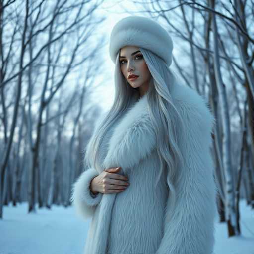 A stunning winter scene captures a woman standing gracefully in a snowy forest. She is adorned in a luxurious white fur coat that exudes elegance and warmth. Her long, flowing white hair cascades down her back, perfectly complementing her fair complexion. Atop her head sits a stylish white fur hat, adding a touch of sophistication to her ensemble.

The woman's pose is both poised and natural, with her right hand gently resting on her stomach. Her fingers are delicately positioned, with her thumb pointing upwards and the remaining four fingers resting on her abdomen. A ring glints on her ring finger, adding a subtle hint of personal style.

The background is a serene winter wonderland, with bare trees standing tall against a pale blue sky. The ground is blanketed in pristine white snow, creating a picturesque setting that enhances the ethereal quality of the image. The overall composition is a harmonious blend of natural beauty and refined fashion, capturing a moment of serene elegance in the heart of winter.