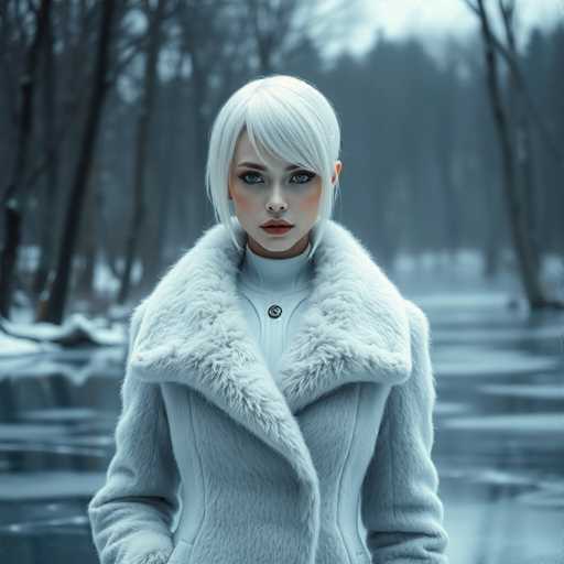 A captivating winter scene features a woman standing in a serene, snow-covered landscape. She is dressed in a stylish white coat with a plush fur collar, which adds a touch of elegance to her ensemble. Her attire is complemented by a white turtleneck shirt adorned with a small, circular button at the top. The woman's short, white hair frames her face, which is accentuated by a subtle application of makeup, including blush on her cheeks and lipstick. Her striking blue eyes and defined eyebrows draw attention to her expressive gaze. The background is a wintry wonderland, with snow blanketing the ground and a dense forest of bare trees stretching into the distance. The sky above is a light blue, adding a crisp, clear contrast to the wintry setting. The overall composition captures the quiet beauty and stillness of a winter day.