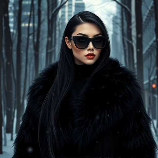A striking image features a woman with long, straight black hair cascading down to her waist. She is adorned in a luxurious black fur coat that exudes elegance and warmth. Her face is partially obscured by large, stylish sunglasses, adding an air of mystery to her appearance. Her lips are painted a vibrant red, contrasting beautifully with her pale complexion. The background is a wintry scene, with snow gently falling and blanketing the ground. Bare trees stand tall, their branches reaching towards the sky, creating a serene and picturesque setting. The woman stands confidently in the foreground, her presence commanding attention amidst the tranquil, snowy landscape.