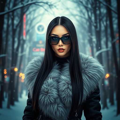 A striking image features a woman with long, straight black hair cascading down to her waist. She is adorned in a black jacket with a luxurious gray fur collar that extends down the front of her chest. Her lips are painted a vivid red, and she wears stylish sunglasses that add an air of mystery to her appearance. The background is a wintry scene with snow-covered ground and bare trees, their branches stark against the sky. In the distance, a large sign with a clock is visible, though the text is blurred and unreadable. The overall atmosphere is serene yet slightly surreal, with the woman's presence contrasting against the quiet, snowy landscape.