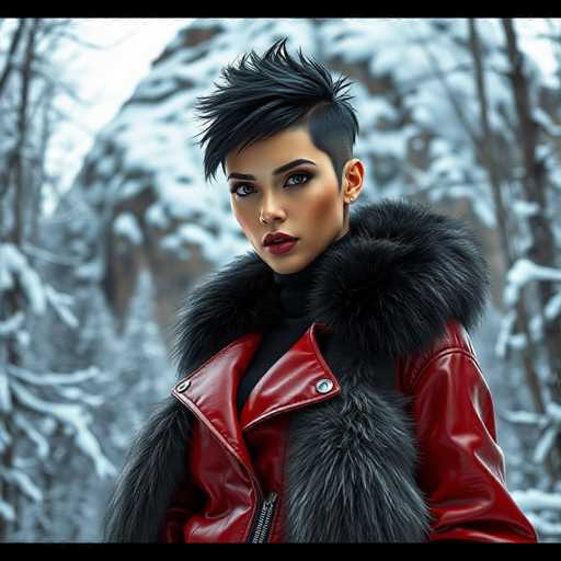 A striking image of a woman with a unique and edgy style. She sports a bold, spiky black mohawk that contrasts sharply with her smooth, shaved sides. Her makeup is dramatic, with dark, defined eyebrows, smoky eye shadow, and bold red lipstick that accentuates her features. She is dressed in a sleek black turtleneck, layered under a vibrant red leather jacket. The jacket features a distinctive black fur collar that adds a touch of luxury to her ensemble. The background is a serene winter landscape, with snow-covered trees and a large, snow-capped mountain, creating a picturesque contrast to her bold appearance.