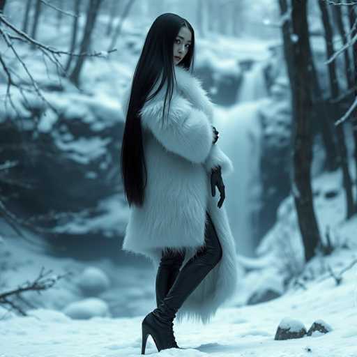 A captivating winter scene features a woman standing in a snowy landscape. She is adorned in a luxurious white fur coat that exudes elegance and warmth. Her long, flowing black hair cascades down her back, contrasting beautifully with her fair complexion. She wears sleek black leather pants and high-heeled boots, adding a touch of sophistication to her ensemble. The woman's pose is graceful, with one leg slightly bent and her body turned to the side, while she gazes directly at the camera with a serene expression. The background reveals a picturesque winter wonderland, with snow-covered ground and bare trees standing tall against the cold. A majestic waterfall cascades down in the distance, its white waters creating a striking contrast with the surrounding snow. The overall atmosphere is one of tranquility and natural beauty, perfectly captured in this moment.