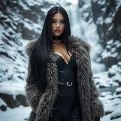 A woman with long black hair is standing in front of a waterfall on a snowy mountain. She is wearing a fur coat and leather boots that match the surrounding snow-covered landscape. The waterfall behind her adds to the serene and majestic atmosphere of the scene.