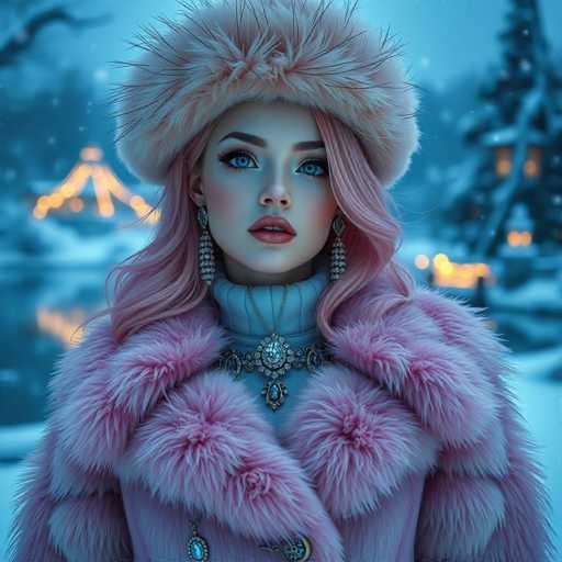 A captivating winter scene features a young woman with striking pink hair and blue eyes, standing in a snowy landscape. She is adorned in a luxurious pink fur coat, complemented by a matching pink fur hat. Her outfit is further embellished with a silver turtleneck and a large, ornate silver necklace that rests elegantly on her chest. She wears long, dangling earrings that add to her sophisticated appearance. The background is a serene winter wonderland, with snow-covered ground and a tree dusted in white. In the distance, a house with warm yellow lights glowing from its windows provides a cozy contrast to the cold surroundings. The scene is slightly blurred, adding a dreamy quality to the image.