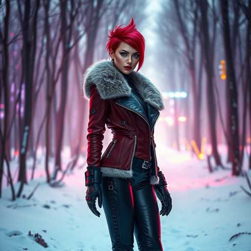 In this captivating image, a woman stands confidently in a snowy forest, her striking appearance immediately drawing attention. She is dressed in a vibrant red leather jacket adorned with a plush fur collar and matching fur trim at the bottom. The jacket features a black leather panel on the chest and is fastened with a zipper, which is partially open to reveal a black shirt underneath. Her outfit is completed with sleek black leather pants, accentuated by a belt with a silver buckle.

Her hands are clad in black leather gloves, and her short, spiky red hair adds to her bold look. She gazes directly at the camera with a serious expression, her lips painted a vivid red. The background is a serene winter scene, with snow blanketing the ground and bare trees standing tall. In the distance, a streetlight casts a warm glow, and a traffic light adds a touch of urban life to the otherwise natural setting. The overall composition creates a striking contrast between the woman's vibrant attire and the tranquil, wintry landscape.