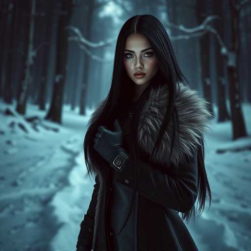 A stunning, computer-generated image depicts a young woman standing in a serene, snowy forest. The scene is set in a dense woodland with tall trees, their branches laden with snow, creating a picturesque winter wonderland. The woman, who appears to be of Asian descent, has long, straight black hair cascading down to her waist. She is dressed in a stylish black leather coat adorned with a luxurious fur collar, adding a touch of elegance to her ensemble. Her right hand is gloved and raised to her chest, while her left arm hangs naturally by her side. Her face is framed by perfectly shaped eyebrows, and she wears a subtle touch of lipstick, enhancing her natural beauty. The overall composition of the image exudes a sense of tranquility and winter beauty, capturing a moment of serene elegance in a snowy forest.