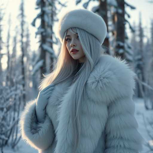A stunning winter scene captures a woman standing in a snow-covered forest. She is adorned in a luxurious white fur coat with a large, fluffy collar that envelops her shoulders and chest. Her long, flowing white hair cascades down her back, complementing her elegant white fur hat. She wears white gloves that add to her winter ensemble. The woman's striking blue eyes and red lips stand out against the serene, snowy backdrop. Her gaze is directed to the left, as if she is looking at something in the distance. The forest around her is filled with tall trees, their branches laden with snow, creating a picturesque and tranquil setting.