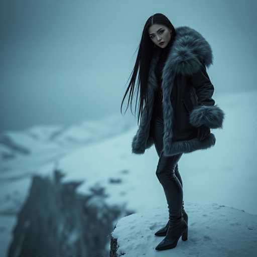 A woman stands on a snowy mountain peak wearing a fur coat and black boots with long hair cascading down her back.