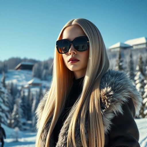 A stunning photograph captures a young woman standing in a picturesque winter landscape. She is adorned in a luxurious fur coat, with the fur collar elegantly draped over her shoulders. Her long, straight blonde hair cascades down, framing her face and partially covering her chest. She wears large, dark sunglasses that add a touch of mystery to her expression. Her lips are painted a vibrant red, and her nose is slightly upturned, giving her a distinctive profile. The woman's gaze is directed off to the left, as if she is lost in thought or observing something in the distance.

The background reveals a serene winter scene, with snow blanketing the ground and a clear blue sky overhead. To the right, a house with a snow-covered roof stands, surrounded by tall, slender pine trees. On the left side of the image, a large hill or mountain rises, dotted with more pine trees. In the bottom left corner, a person can be seen standing, adding a sense of scale and human presence to the tranquil landscape.