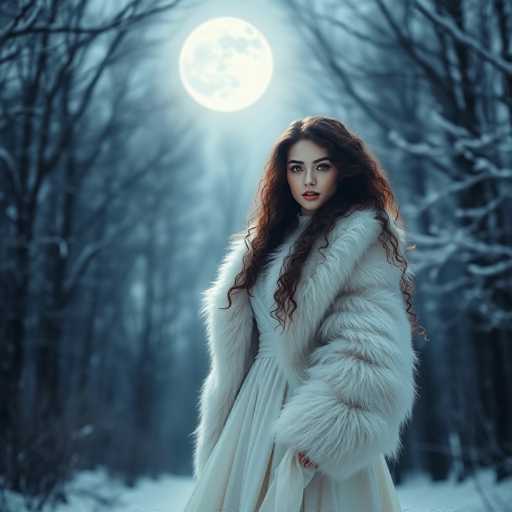 A captivating winter scene unfolds under a full moon, casting a serene glow over a snow-covered forest. The trees, bare and dusted with snow, stand tall and still, creating a picturesque backdrop. In the foreground, a young woman with long, wavy brown hair cascading past her shoulders stands gracefully. She is adorned in a flowing white dress that complements her elegant appearance. Draped over her shoulders is a luxurious white fur coat, adding a touch of opulence to her ensemble. Her striking blue eyes and full lips, accentuated by a hint of lipstick, draw attention to her serene expression. She gazes directly at the camera, exuding a sense of calm and poise. The moonlight illuminates her face, highlighting her features and the delicate snowflakes that seem to dance around her. The overall composition of the image is both enchanting and tranquil, capturing a moment of winter beauty.
