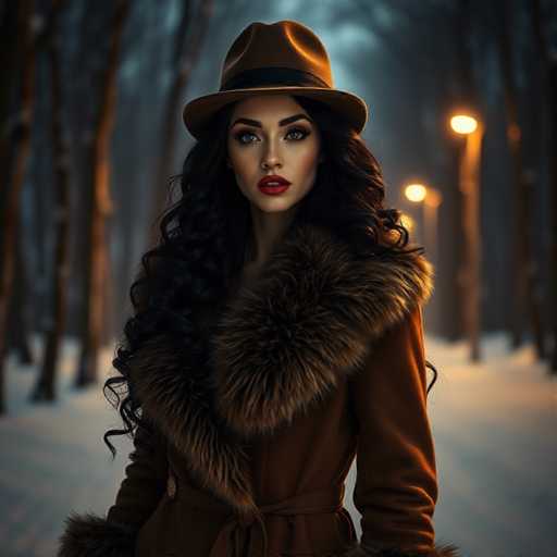 A captivating photograph features a woman standing in a snowy, wooded area. She is dressed in a stylish brown coat adorned with a luxurious fur collar that extends down to her waist. The coat is cinched at the waist with a matching brown belt. Her long, dark brown hair cascades down, complementing her elegant brown hat, which is accented with a black band. The woman's striking blue eyes are framed by dark eyebrows, and her lips are painted a vivid red, adding a touch of color to her winter ensemble. The background is a serene winter landscape, with snow blanketing the ground and bare trees standing tall. In the distance, a row of streetlights casts a warm glow, adding depth and a sense of scale to the scene. The overall composition captures a moment of quiet beauty and style amidst the winter setting.