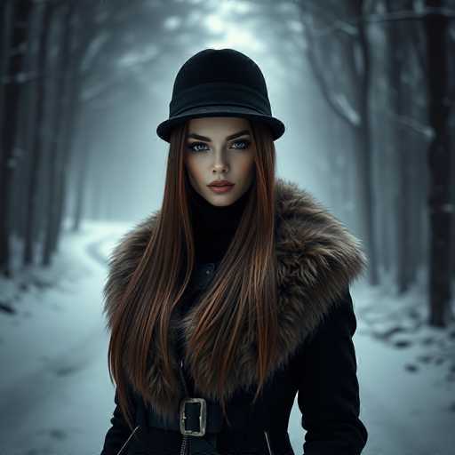 A captivating winter scene unfolds in this photograph, featuring a young woman standing in a snow-covered forest. The trees, bare and dusted with snow, create a serene and picturesque backdrop. The woman, with her long, straight brown hair cascading down to her waist, exudes a striking presence. She is adorned in a black hat and a black coat, accentuated by a luxurious fur collar that frames her face beautifully. Her makeup is meticulously applied, with bold red lipstick and dark, defined eyebrows that draw attention to her expressive blue eyes. The coat is cinched at the waist with a black belt that features a prominent silver buckle, adding a touch of elegance to her ensemble. The overall composition captures the essence of winter's beauty and the woman's timeless allure.