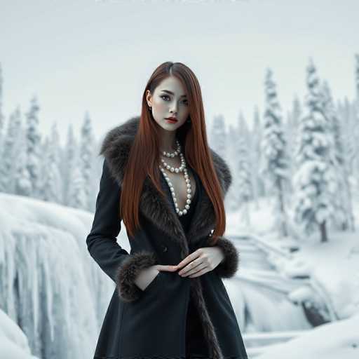 A woman with long red hair is standing in a snowy forest wearing a black coat and fur collar, holding her hands together in front of her chest. She is also wearing a pearl necklace that adds an elegant touch to her outfit. The background features snow-covered trees and a waterfall, creating a serene winter landscape.