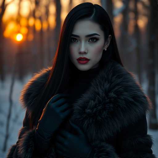 A captivating photograph captures a young woman standing in a serene winter landscape. She is adorned in a luxurious black fur coat with a prominent, fluffy collar that frames her face elegantly. Her long, straight black hair cascades down, complementing her striking features. She wears bold red lipstick that contrasts beautifully with her fair skin, and her eyes are accentuated with black eyeliner and mascara. Her eyebrows are meticulously groomed, adding to her polished appearance. A single diamond stud earring glimmers on her left ear, catching the light. She is dressed in black leather gloves, with her right hand resting gently on her chest, while her left hand is positioned lower, near her waist. The background reveals a tranquil winter scene with snow-covered ground and bare trees, their branches stark against the sky. The sun, either rising or setting, casts a warm, golden glow across the landscape, adding a touch of magic to the moment.