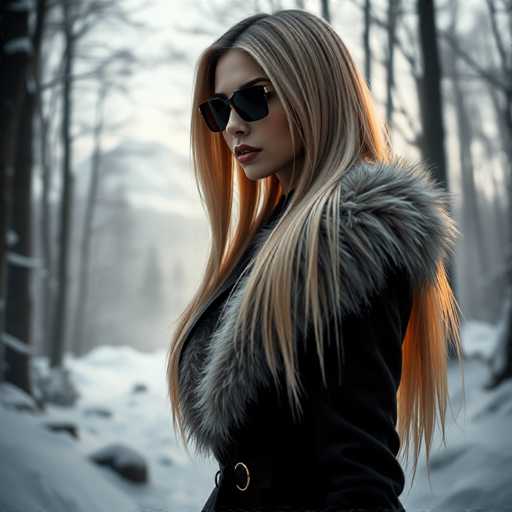 A striking photograph captures a woman standing in a snowy forest, her presence commanding attention amidst the serene winter landscape. She is positioned slightly to the right of the center, with her body angled towards the left, offering a partial profile view. Her long, straight hair cascades down her back, transitioning from a light blonde at the top to a rich, dark brown at the ends. She wears a pair of sleek black sunglasses that add an air of mystery to her fair-skinned face. Her lips are painted a soft pink, and a hint of blush adorns her cheeks, enhancing her natural beauty.

Her attire is equally captivating; she dons a black coat with a luxurious gray fur collar that frames her face and drapes elegantly over her shoulders. The coat is cinched at the waist with a black belt, accentuated by a gold buckle that adds a touch of glamour. The background is a wintry wonderland, with snow blanketing the ground and a forest of bare trees stretching into the distance. The sky above is a muted gray, casting a soft light over the scene. The overall composition of the photograph beautifully juxtaposes the woman's striking appearance against the tranquil, monochromatic winter setting.