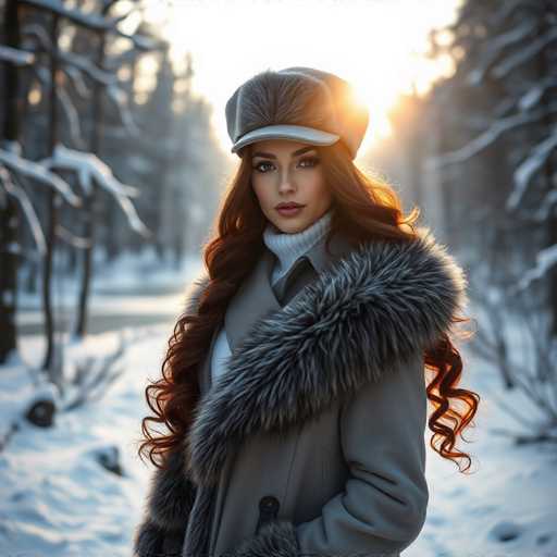 A woman with long red hair is standing in a snowy forest during sunset. She is wearing a gray coat and a fur hat that matches the color of the sky behind her. The trees around her have snow-covered branches, creating a serene winter landscape.