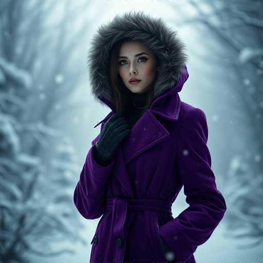 A stunning, computer-generated image depicts a young woman standing in a snowy winter landscape. She is dressed in a luxurious purple coat with a fur-lined hood, which is pulled up over her head. Her long brown hair cascades down, framing her face, and she wears a delicate necklace around her neck. Her makeup is meticulously applied, with striking blue eyes, dark eyebrows, and pink lips. She is wearing black gloves, with her right hand raised to her chest and her left hand tucked into her coat pocket. The background is a serene winter scene, with snow-covered trees and a light dusting of snow on the ground. The image is square-shaped, focusing closely on the woman, who gazes directly at the viewer with a composed and serene expression.