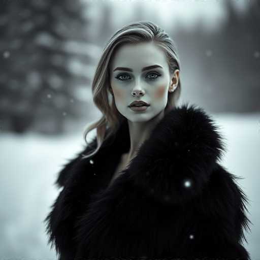 A striking image of a woman with a captivating gaze, her eyes appearing almost too perfect, suggesting possible digital enhancement. Her lips are painted a soft pink, and her cheeks have a subtle blush. She wears a luxurious black fur coat, with the fur on the left side appearing slightly longer than on the right. The background is a serene winter scene, with snow gently falling and covering the ground. A large tree stands to her left, and the sky above is a crisp white, enhancing the wintry atmosphere. The overall composition blends natural beauty with a hint of digital artistry, creating a mesmerizing portrait.