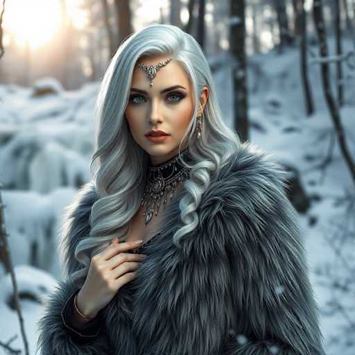 A stunning, AI-generated image features a woman with long, wavy gray hair cascading down to her chest. She wears an ornate silver headpiece that drapes elegantly over her forehead, complementing her striking blue eyes and red lips. Her attire includes a black choker adorned with intricate silver designs, and a luxurious gray fur coat that adds to her regal appearance. The woman's right hand is raised to her chest, with her fingers gently touching it. The background reveals a serene, snowy landscape with trees and a bright sun shining from the top left corner, casting a warm glow over the scene. The overall composition exudes a sense of ethereal beauty and tranquility.
