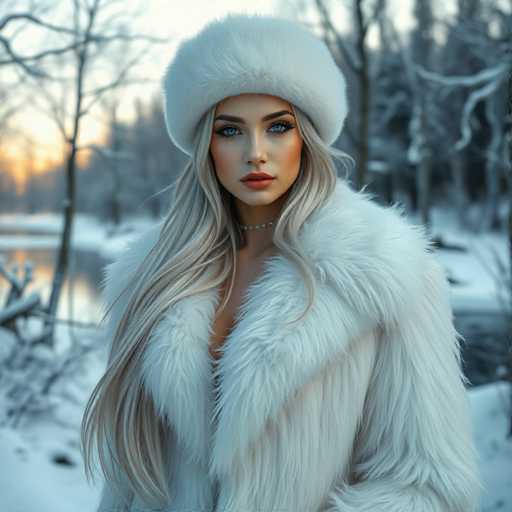 A woman with blonde hair and blue eyes is standing in a snowy forest during sunset. She is wearing a white fur coat and a white hat. The background features trees covered in snow, creating a serene winter landscape.