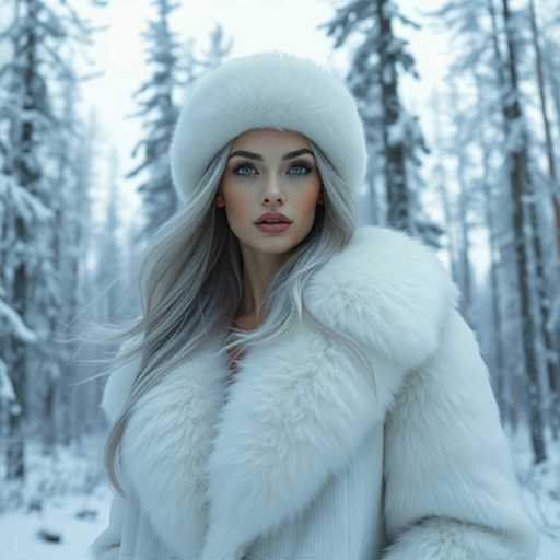 A stunning winter scene captures a woman standing in a snow-covered forest. She is adorned in a luxurious white fur coat with a prominent, fluffy collar that frames her face. Her long, flowing gray hair cascades down, complementing her fair complexion. She wears a large, round white fur hat that sits snugly on her head, adding to her elegant appearance. Her striking blue eyes are accentuated by dark, arched eyebrows, and her lips are painted a soft pink, adding a touch of color to her serene expression. The background is a blur of tall, snow-laden trees, creating a picturesque winter wonderland that enhances the ethereal beauty of the moment.