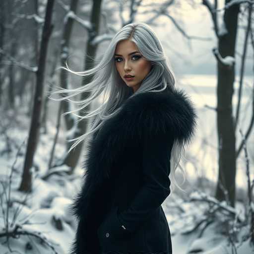 A captivating photograph features a woman with long, flowing gray hair, standing in a serene winter landscape. She is dressed in a striking black fur coat, which adds a touch of elegance to the scene. The woman's face is adorned with makeup, including lipstick, eye shadow, and blush, highlighting her features. Her eyes are a mesmerizing blue, adding depth to her expression. The background is a wintry wonderland, with snow-covered ground and bare trees, creating a stark contrast to her dark attire. The overall composition captures the essence of winter beauty and the woman's striking appearance.
