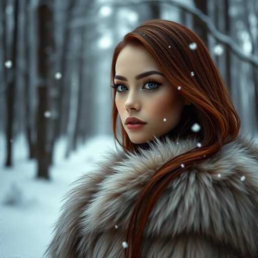 A captivating winter scene features a young woman with striking red hair and piercing blue eyes, gazing directly at the camera. She is adorned in a luxurious fur coat, the texture of which is so realistic it almost appears touchable. The background is a serene winter wonderland, with snow gently falling and blanketing the ground. Behind her, a dense forest of trees stands tall, their branches reaching upwards. The overall composition exudes a sense of tranquility and beauty, perfectly capturing the essence of a peaceful winter day.