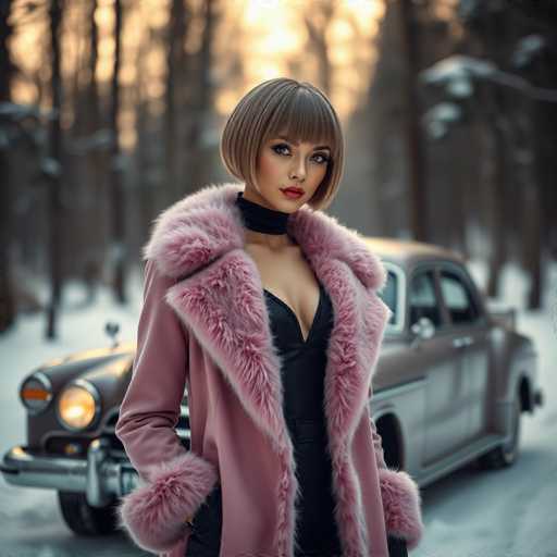 A woman with short blonde hair and bangs is standing next to a vintage car on a snowy day. She is wearing a pink fur coat and black pants. The car has a classic design and features two round headlights.