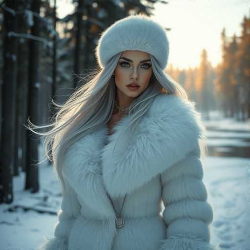 A stunning, AI-generated image features a woman with long, flowing gray hair and striking blue eyes. She is adorned in a luxurious white fur coat, complete with a matching fur hat that sits snugly on her head. Around her neck, she wears a delicate necklace with a pendant that adds a touch of elegance to her ensemble. The background is a serene winter landscape, with snow blanketing the ground and tall trees standing majestically in the distance. The scene is bathed in the warm, golden light of a setting sun, casting a soft glow over the entire setting. The woman gazes directly at the camera, her expression serene and captivating, embodying the essence of winter beauty.
