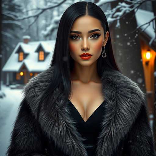 A captivating winter scene features a young woman with long, dark hair and striking brown eyes, gazing directly at the camera. She is adorned in a luxurious fur coat, with a prominent fur collar that adds to her elegant appearance. Her attire includes a black dress with a plunging neckline, revealing a hint of cleavage. The woman's makeup is meticulously applied, with bold red lipstick and a touch of blush on her cheeks, complemented by a dangling earring in her left ear. The background is a serene winter wonderland, with snow gently falling and blanketing the ground. A cozy house with a snow-covered roof and glowing windows stands behind her, adding to the warmth of the scene. The overall composition exudes a sense of beauty and tranquility, capturing the essence of a peaceful winter day.