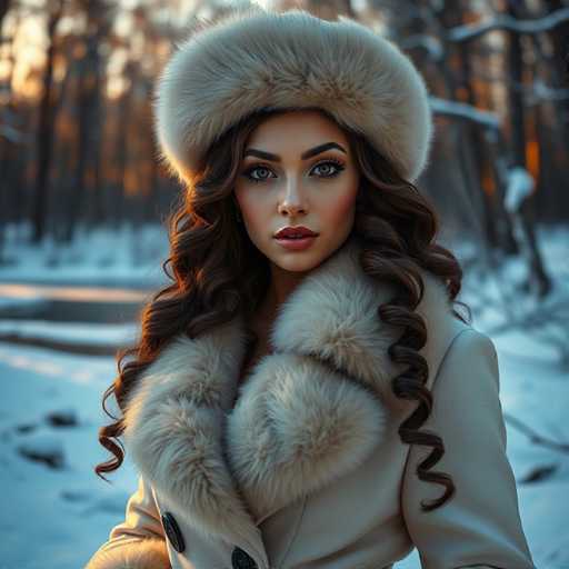 A woman with long brown hair is standing in a snowy forest during sunset. She is wearing a white fur hat and coat that matches the snow around her. The trees behind her have bare branches reaching out into the sky.