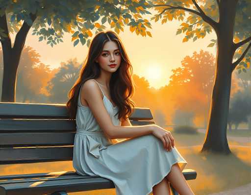 This image is a detailed, computer-generated illustration of a young woman sitting on a wooden bench in a park during sunset. The woman, who appears to be of Asian descent, has long, dark brown hair that cascades down to her waist. She is wearing a sleeveless, light blue dress that reaches her knees and features a sash tied around her waist. Her expression is neutral, with her gaze directed straight at the viewer. The bench she sits on is made of wood and has a backrest with three horizontal slats. 

The background is a serene park scene with tall trees on both sides, their leaves displaying a mix of green and yellow hues, indicative of the fall season. The sky is painted in warm shades of orange and yellow, with the sun setting in the distance, casting a golden glow over the entire scene. The ground beneath the bench is a blend of green grass and patches of yellow, further emphasizing the autumnal atmosphere. The overall composition is peaceful and picturesque, capturing a tranquil moment in nature.