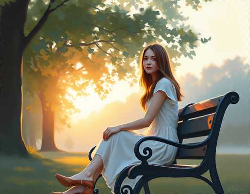 This image is a detailed, computer-generated painting of a young woman sitting on a black park bench with wooden slats. The woman, who appears to be in her early 20s, has long, reddish-brown hair that cascades over her shoulders and down her back. She is wearing a white, short-sleeved dress that falls just below her knees, paired with brown leather shoes. Her hands are resting on her lap, and she is looking directly at the viewer with a serene expression. The bench is situated in a grassy field, with a large tree to the left that has green leaves and a prominent trunk. The background features a bright, glowing sun that casts a warm light over the scene, creating a misty, foggy atmosphere. The sky is a blend of yellow and white hues, with clouds visible on the right side. The overall setting evokes a tranquil, almost dreamlike quality, reminiscent of a watercolor painting.