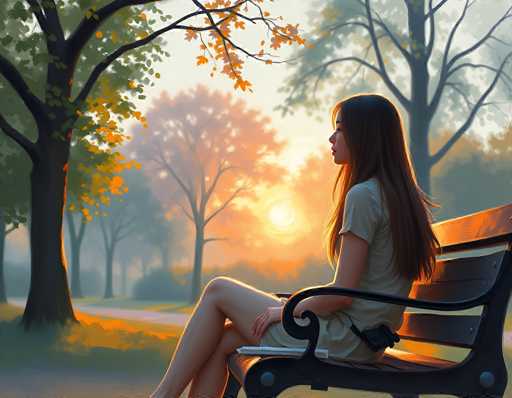 In this detailed and evocative image, a young woman with long brown hair sits on a park bench, her legs crossed as she gazes into the distance. She is dressed in a light green dress, and a white object rests on her lap. The park setting is lush with green grass and trees adorned with green and orange leaves, suggesting the early days of autumn. The scene is bathed in the warm, golden light of the setting sun, which casts a serene glow over the entire landscape. A road runs through the park, adding to the tranquil atmosphere. The woman's contemplative pose and the picturesque surroundings create a moment of peaceful reflection.