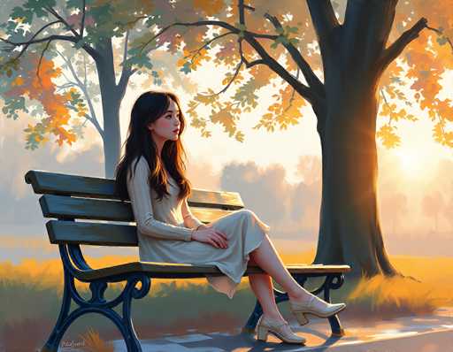 This digital illustration depicts a serene autumn scene featuring a young woman seated on a park bench. The woman, who appears to be of Asian descent, has long, dark hair cascading over her shoulders and is dressed in a long, beige dress with beige high-heeled shoes. She sits on a black park bench with three horizontal wooden slats, her legs crossed as she gazes thoughtfully to the right. The bench is positioned on a gray sidewalk, bordered by a lush grassy area.

In the background, two large trees with thick trunks and sprawling branches frame the scene. The tree on the left has a mix of green and orange leaves, while the tree on the right is adorned with predominantly orange foliage. The setting sun casts a warm, golden glow over the entire scene, creating a soft, ethereal light that enhances the tranquil atmosphere. The sky is a blend of light blue and white, with the sun peeking through the trees on the right side, adding a touch of brilliance to the composition. The overall color palette of the image includes shades of green, orange, beige, black, gray, and white, perfectly capturing the essence of a peaceful autumn day.