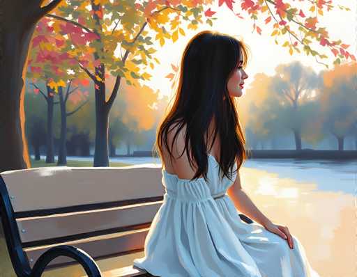The image depicts a serene autumn scene in a park, rendered in a style reminiscent of a painting. A young woman with long, dark hair sits on a wooden bench with a black metal frame, positioned slightly to the left of the center. She is wearing a flowing white dress that drapes elegantly over her shoulders and down to her feet, with her arms resting gently on her lap. The bench is situated on a grassy area, and the woman gazes thoughtfully to the right, her profile visible.

Behind her, a row of trees with vibrant fall foliage in shades of red, yellow, and green stretches across the background. The trees' branches extend over the bench, adding to the natural ambiance. The sky above is a light blue, suggesting a clear, sunny day. The overall composition of the image, with its soft edges and muted colors, creates a tranquil and contemplative atmosphere, capturing the essence of a peaceful autumn day.