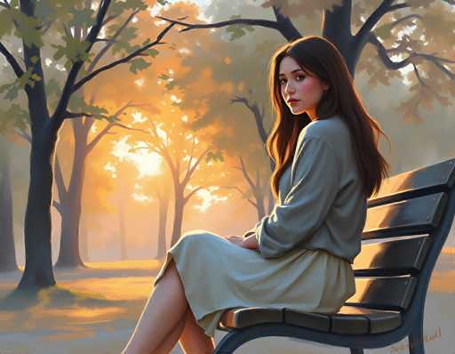This detailed painting depicts a young woman sitting on a black park bench in a serene autumn setting. She is positioned on the right side of the bench, with her body facing left but her head turned to look over her shoulder directly at the viewer. The woman has long, dark brown hair cascading down her back and wears a light blue dress that reaches her knees. Her legs are crossed, with her right leg over her left. She has a light complexion, pink lips, and is adorned with earrings. The bench she sits on has a black frame with a wooden seat and backrest.

The background features a dense forest of tall trees with branches extending in various directions. The foliage displays a mix of green, yellow, and orange hues, indicative of the fall season. Sunlight filters through the trees, casting a warm glow on the woman's face and creating a serene atmosphere. The ground beneath the bench is a blend of gray and brown tones, with patches of grass visible. The overall scene captures a moment of quiet contemplation amidst the natural beauty of autumn.