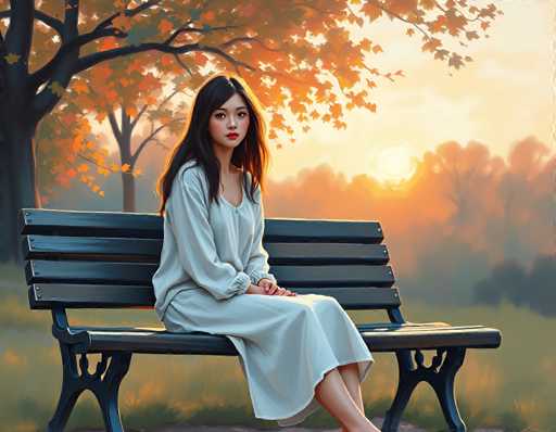 In this detailed painting, a young Asian woman is seated on a black park bench, positioned slightly to the left of the center. She has long, dark hair that cascades down to her waist, and she is wearing a loose-fitting, long-sleeved white dress that extends to her ankles. Her hands are clasped together in her lap, and she gazes directly at the viewer with a serene expression. The bench she sits on features three horizontal slats on the backrest and two on the seat, with ornate legs that curve inward and then outward.

The background is a vibrant autumnal scene, with a large tree to the left adorned with orange leaves. The grass around her is a mix of green and orange hues, reflecting the fall season. Further back, a dense forest of trees stretches across the horizon, their foliage also tinged with orange. The sky above is a blend of light blue and orange, with the sun setting on the right side of the image, casting a warm glow over the entire scene. The overall composition captures a tranquil moment, with the woman as the focal point amidst the serene and colorful autumn landscape.