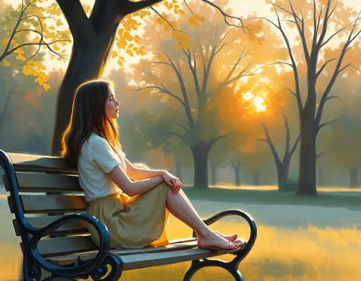 A young woman sits on a park bench, her body facing the camera but her gaze directed to the right. She has long brown hair cascading down her back and wears a white short-sleeved shirt paired with a long tan skirt. Her feet are bare, adorned with sandals, and she sits with her legs crossed, her hands resting on her knee. The bench she occupies features a black metal frame with wooden slats. Behind her, a large tree with a thick trunk and sprawling branches stands prominently. The background reveals a serene park landscape with numerous trees, their foliage displaying a mix of green and yellow hues. The ground beneath her is covered in grass, with patches of yellowish tones suggesting the presence of fallen leaves. The sky above is a clear blue, adding to the tranquil atmosphere of the scene.