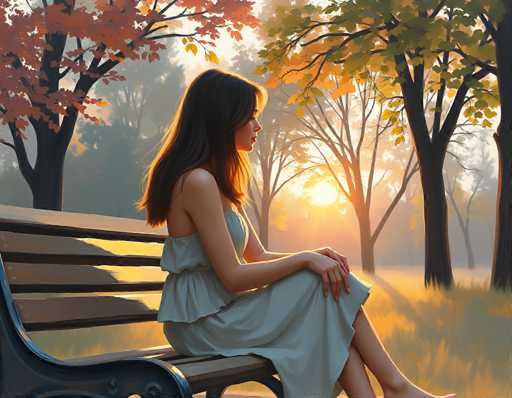 The image depicts a serene autumn scene with a woman sitting on a wooden park bench. She is wearing a light blue dress and has long brown hair. The setting sun casts a warm glow over the landscape, highlighting the vibrant fall colors of the leaves. The bench is positioned in a grassy area surrounded by trees, creating a peaceful and contemplative atmosphere. The overall mood of the image is tranquil and reflective, capturing the essence of a quiet moment during the transition from summer to fall.