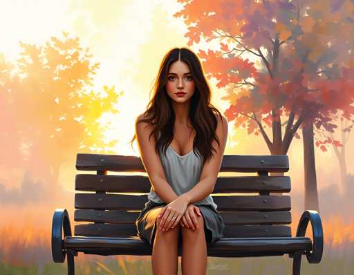 A woman is sitting on a bench in an autumn park. She is wearing a white tank top and black shorts. The setting sun casts a warm glow over the scene, highlighting the vibrant colors of the trees around her.