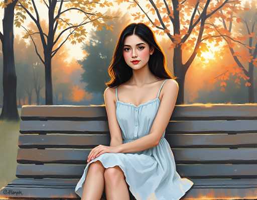 The image is a detailed painting of a young woman, likely in her late teens or early twenties, sitting on a wooden bench in a park. She has long, dark brown hair that cascades down to her chest and is wearing a light blue dress with thin straps and buttons down the front. Her makeup includes red lipstick, and she has a slight smile on her face. The woman is seated with her legs crossed, her right hand resting on her left knee. The bench she sits on is brown with a black frame, and it has five horizontal slats. 

In the background, the park is filled with trees displaying a mix of green, orange, and yellow leaves, indicating it is autumn. The sky is a blend of orange and yellow hues, suggesting either sunrise or sunset. The overall scene is serene and picturesque, capturing the essence of a tranquil autumn day.